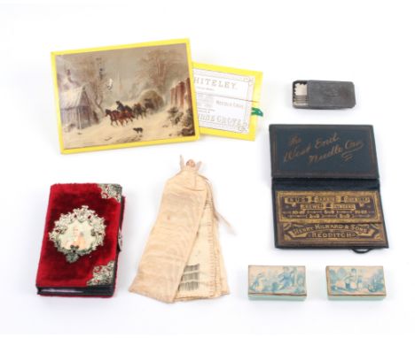 A group of needle books and related items comprising a plush needle book with metal mounts and male portrait panel, interior 