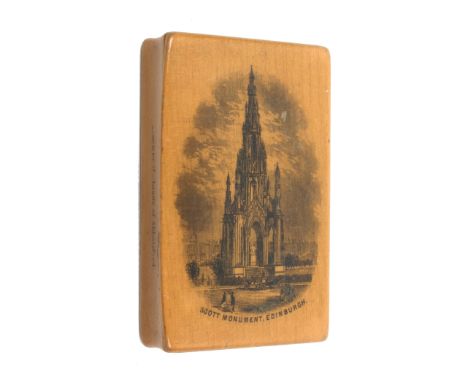 A mid 19th Century Scottish snuff box of rectangular form the lid with titled print (Scott Monument, Edinburgh) concave sides