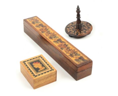 Three pieces of Tunbridge ware comprising a long rectangular rosewood box, the lid with a panel of floral mosaic, internal pr