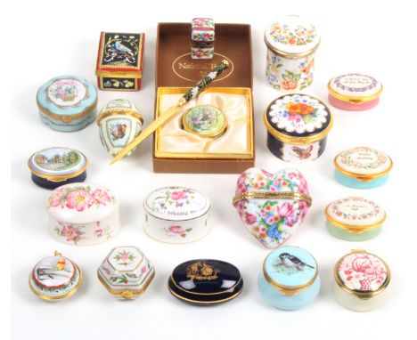 A collection of enamel and porcelain trinket boxes comprising seven by Staffordshire enamels, including one boxed, three othe