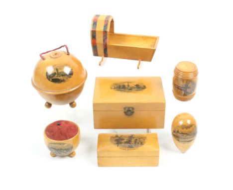 Mauchline ware _ sewing _ seven pieces comprising a reel cradle (BurnsÍ Cottage, Alloway/verse/tartan borders) 10.7cm, a smal