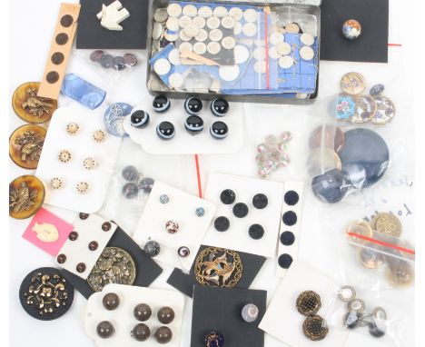 A small collection of buttons including four marked ceramic Ruskin examples, largest 4.3cm, two Satsuma ceramic examples, thr
