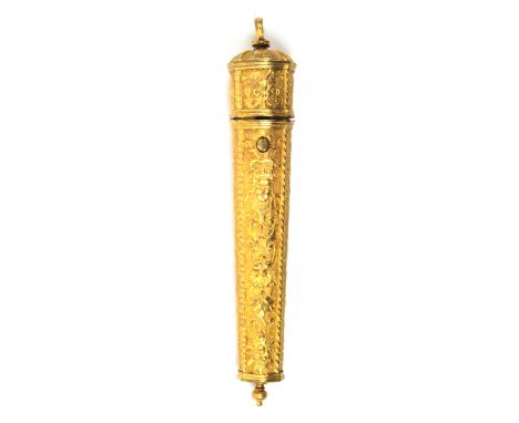 An 18th Century ormolu needlecase of tapering form, probably French, hinged sprung cover, decorated in relief with a male mas