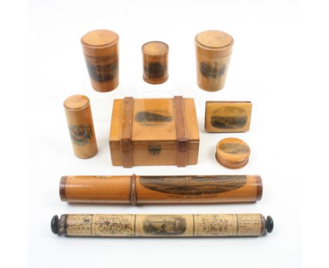 Mauchline ware _ nine pieces comprising a rectangular box (Teighness, Arrochar, Loch Long), 11 cm, a tumbler case (Tal Y Llyn