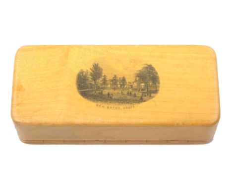A Mauchline ware snuff box (Croft Spa Hotel/New Baths Croft) full length wooden hinge, foil interior 95% complete with Royal 