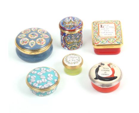 Halcyon Days enamel boxes comprising four circular examples, ïThe nine flower panelsÍ, 4.5cm dia., Aspirin, Never Economise o