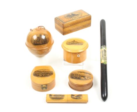 Mauchline ware _ sewing seven pieces comprising a wool ball (York Cathedral From The North West) 8.5cm dia, a dome top circul