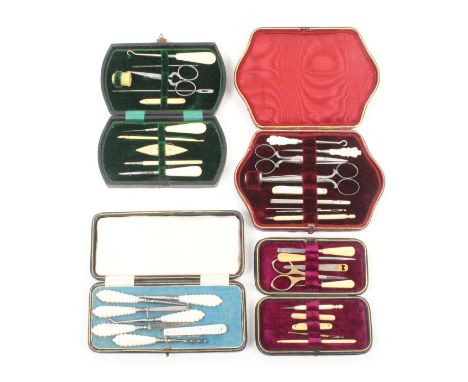 Four late 19th Century small format sewing companions leather cased, largest 18.5cm, all with a selection of tools (4)