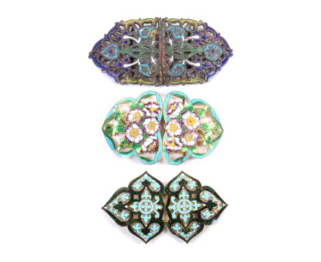 Three late 19th Century/early 20th Century enamel buckles, each in two parts comprising a strapwork design example in green a