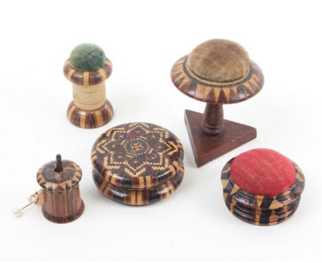 Tunbridge Ware _ five pieces _ comprising a stick ware circular pin cushion, 4cm dia., a stick ware and mosaic circular box, 