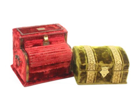Two late 19th Century small format sewing companions, one in red plush with gilt brass mounts and handles in the form of an u