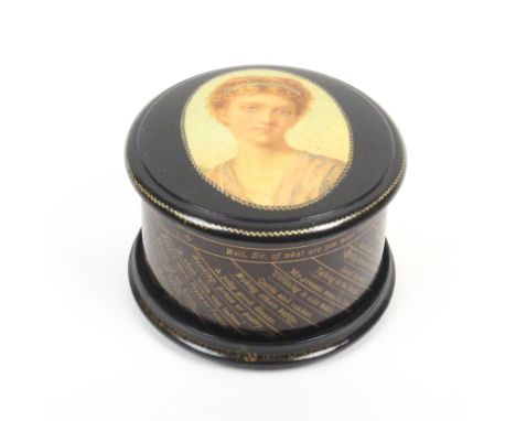 Mauchline ware _ sewing a fortune telling reel box of circular form, black ground, the domed lid with an oval female portrait