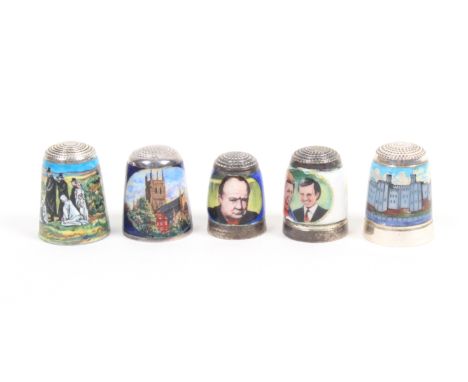 A silver thimble enamelled by Peter Swingler and four enamel thimbles by James Swann and Son, comprising Edward Elgar, Litchf