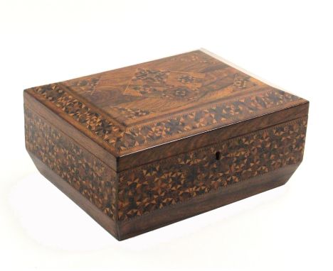A rosewood Tunbridge ware fitted sewing box of sarcophagal form the sides with a broad band of geometric stickware, the lid w