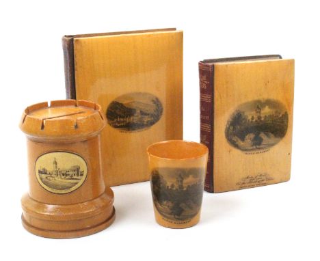 Mauchline ware _ four pieces comprising New Testament/leather spine (Burns Monument/Made of Wood/Bought In The Monument/Allow