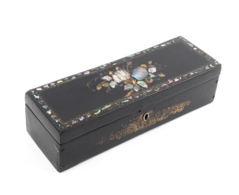 A small format late Victoria papier mache sewing box with gilt and mother of pearl decoration, the interior in paper and silk