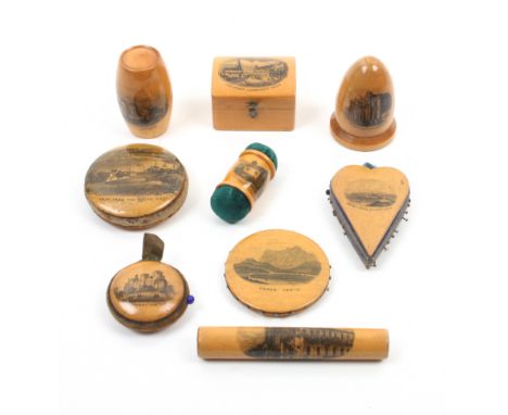 Mauchline ware _ sewing _ nine pieces comprising a heart shaped pin cushion (Albert Memorial, Tenby/Tenby From North Cliff), 
