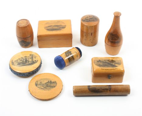 Mauchline ware _ sewing _ nine pieces comprising a disc form pin cushion (The Town Hall Cardiff/Cardiff Castle), 5cm dia, a p