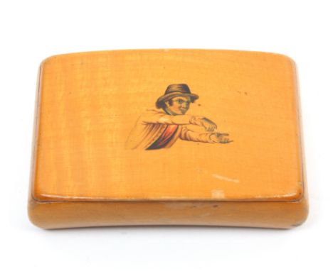 A mid 19th Century Scottish snuff box of curved rectangular form, the lid with a central hand coloured panel of a young man i