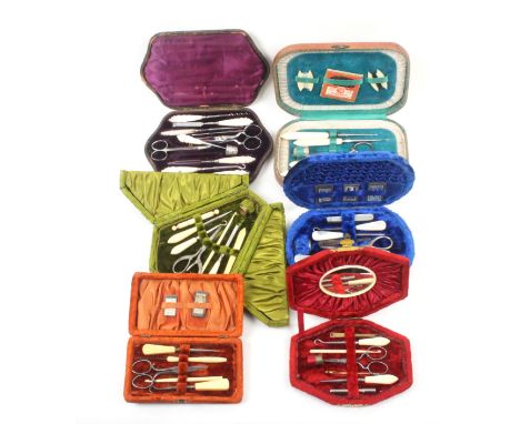 Six late 19th Century small format sewing companions comprising four plush covered examples, a leather example the lid in gil