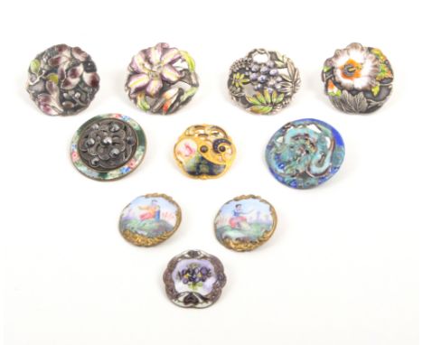 Ten buttons late 19th Century/early 20th Century comprising two pairs of silver floral enamel examples, a Chinese silver and 