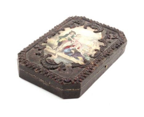 A mid 19th Century French sewing companion of canted rectangular form, the lid with a colour print of elegant figures in a ga