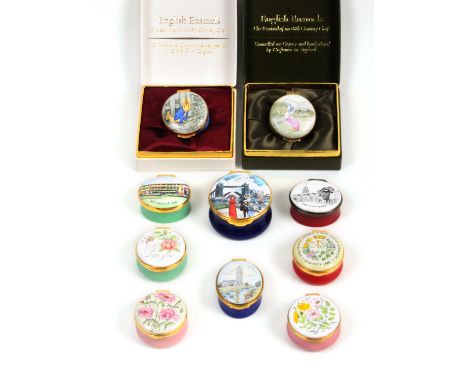 Crummles and Co. enamel boxes comprising Peter Rabbit, 4.5cm dia, boxed, Jemima Puddle-Duck, boxed, and eight others  (10)   