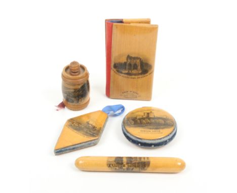 Mauchline ware _ sewing _ five pieces comprising a rectangular needle book (Abbotsford/Sir Walter ScottÍs Tomb, Dryburgh Abbe