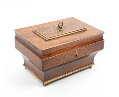 A mid 19th Century French Palais Royal style sewing box of rectangular casket form, the rosewood ground inlaid with boxwood l