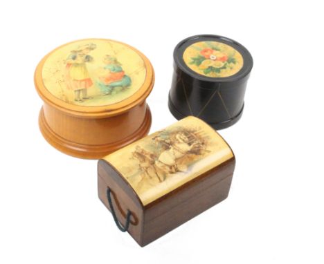 Mauchline ware _ sewing _  three pieces in alternative finishes, a black ground reel box in the form of a drum, floral colour