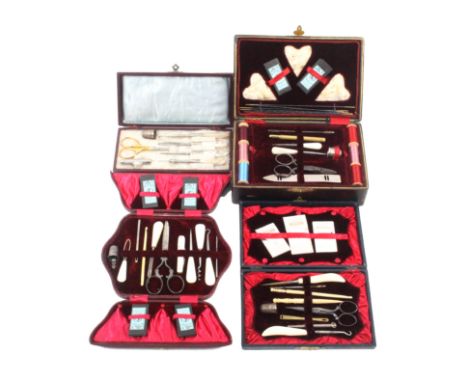 Four late 19th Century small format sewing companions in leather or leatherette, three rectangular, one of shaped outline, al