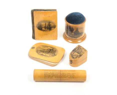 Mauchline ware _ sewing _ five pieces comprising a cylinder box form pin cushion (Alloway Kirk/Made of Wood Which Grew Near A
