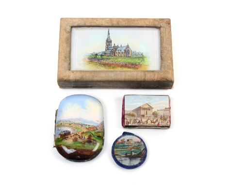 Two reverse decorated glass pin cushions and two similar pieces comprising a circular example, untitled coastal hotel, mirror