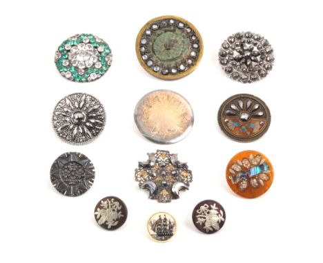 Twelve 19th Century buttons comprising a small pair of French horn buttons with white metal inlay, another horn inlaid button