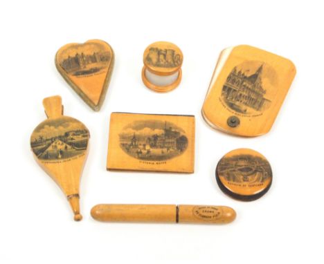 Mauchline ware _ sewing _ seven pieces comprising a disc form waxer (untitled _ ruined gateway) 2.7cm dia, a cylinder needlec