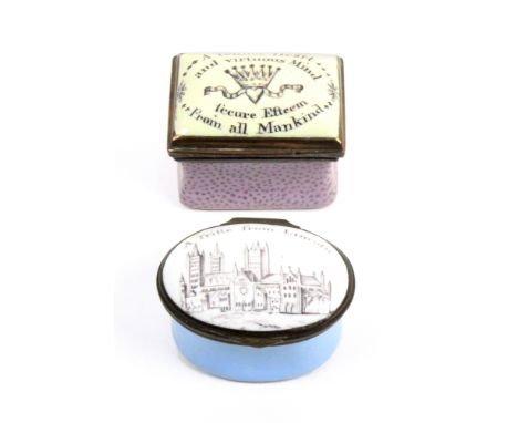 Two 19th Century enamel boxes comprising an oval example, the lid with a view of Lincoln Cathedral and inscribed ïA Trifle fr