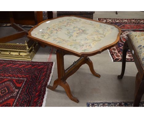 A 'Davrard' patent early 20th century walnut framed occasional table or screen with floral tapestry panel