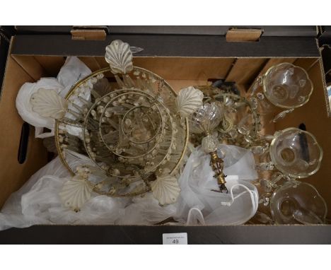 A pair of four tier ceiling light shades hung with cut glass lustres to/w three lustre hung baluster candle sticks and a quan