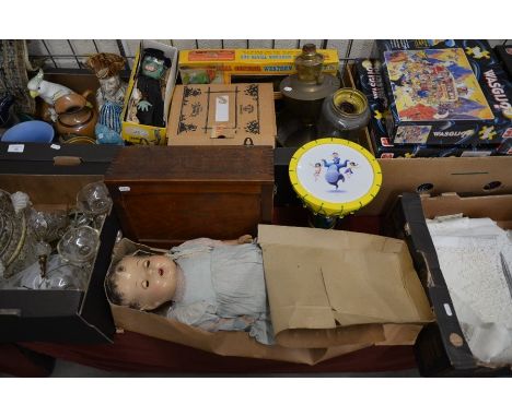 A vintage wooden 'Paragon' first aid box to/w doll, brass oil lamp, Pelham puppet, train set, Jungle Book collectable drum et