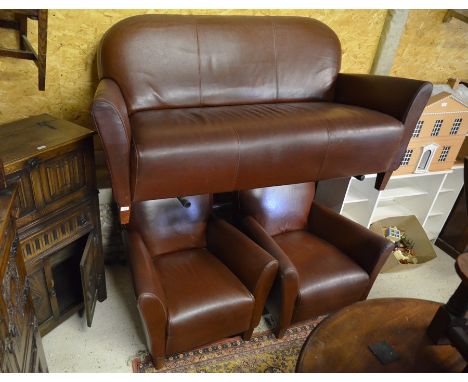 Modern brown leather two-seater sofa on square tapering oak supports to/w a pair of matching armchairs