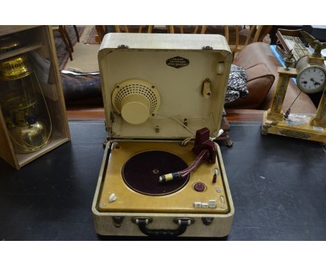 A retro cased Philips Autosonic disc-jockey turntable with inbuilt speaker etc