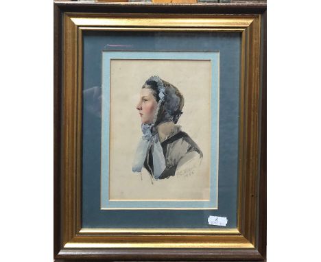 T C Stork - Portrait of a young lady in blue bonnet, watercolour, signed and dated 1855 lower right, 17 x 12.5 cm