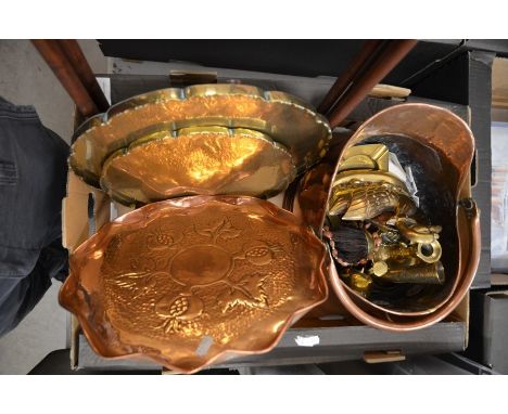 A quantity of copper and brassware including antique copper scuttle and kettle, Arts &amp; Crafts tray, two-tier Chinese bras