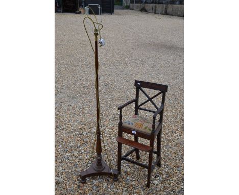 Edwardian mahogany child's high chair with floral tapestry seat (a/f) to/w a turned mahogany standard lamp on a triform base 