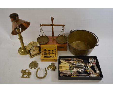 A set of Troy scales, Swiza mantle clock, brass candlestick with copper hood, brass saucepan, 3 horse brasses, brass horsesho