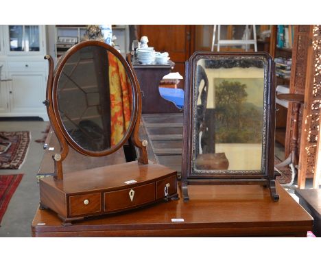 A Victorian mahogany oval toilet mirror on three drawer platform base with bracket feet to/w another Victorian mahogany frame