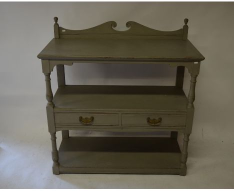 An Edwardian grey painted three-tier buffet with two drawers and turned column supports 97 cm x 50 cm X 97 cm + 10 cm gallery