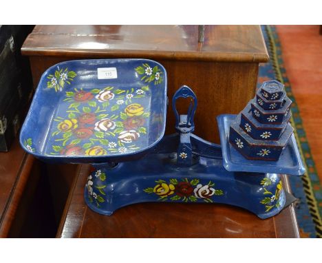 A set of painted barge ware kitchen scales c/w five weights