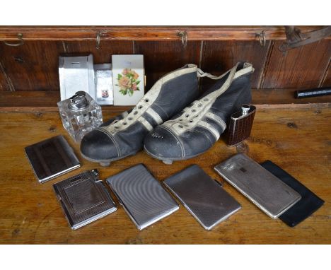 Seven EPNS and white metal cigarette and licence cases with engine turned decoration to/w 'Kiku of London' enamelled case, sm