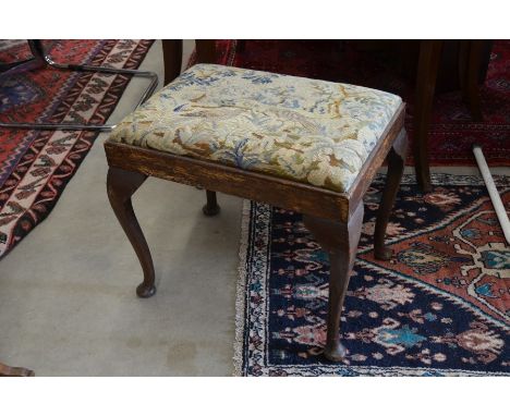 A19th century oak framed stool with pictorial tapestry pad seat and cabriole supports